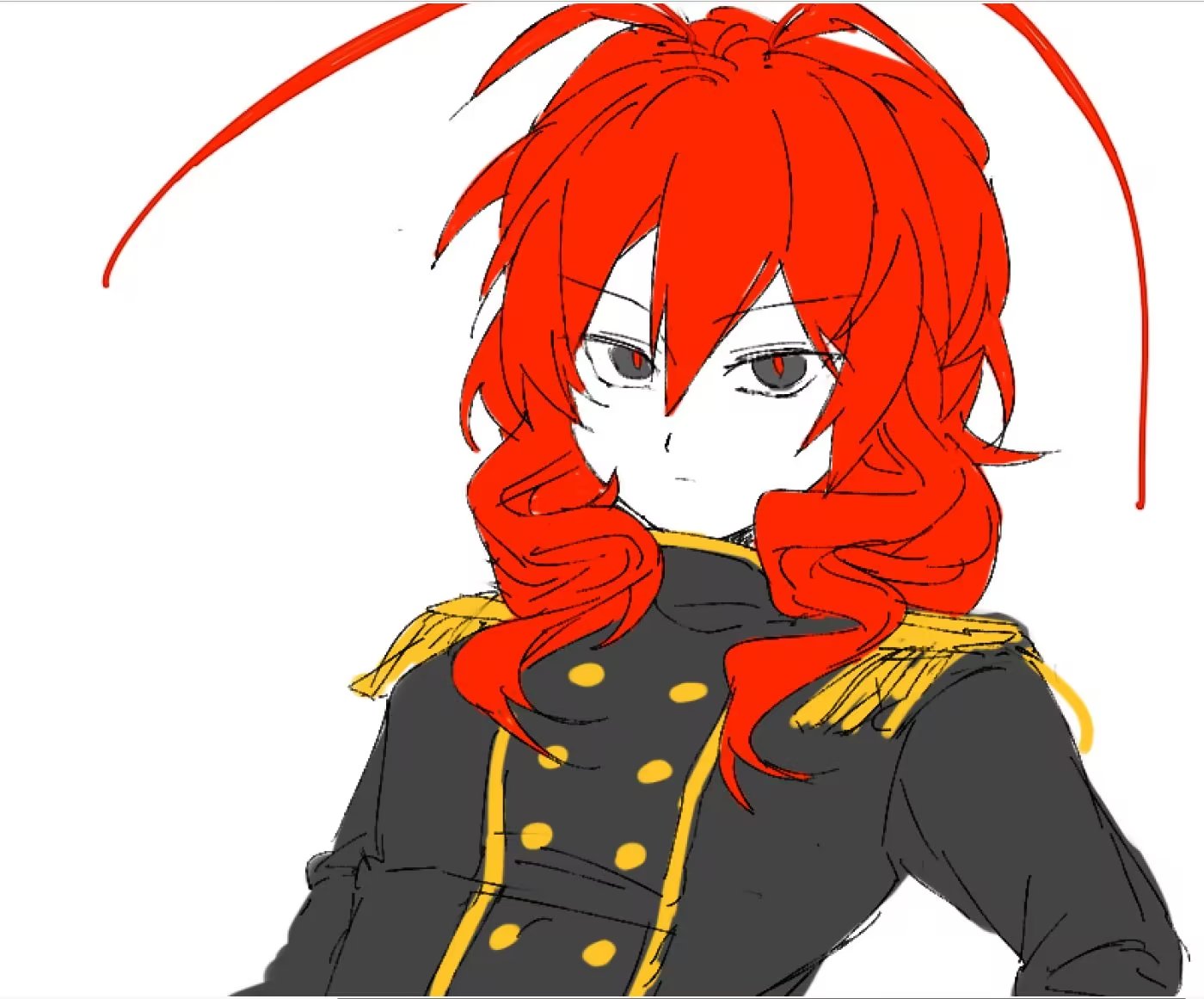 1girl, antennae, black_jacket, buttons, closed_mouth, double-breasted, epaulettes, funamusea