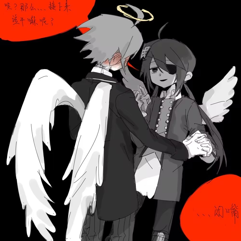 1boy, 1girl, ahoge, alela_grora_(funamusea), black_background, black_eyes, black_jacket, blush, chinese_text, dress, eyepatch, funamusea, grey_dress, grey_hair, grey_pants, haiiro_teien, halo, hetero, holding_hands, huan1034097, jacket, low_twintails, open_mouth, pants, simple_background, smile, translation_request, twintails, white_wings, wings, wodahs_(funamusea)