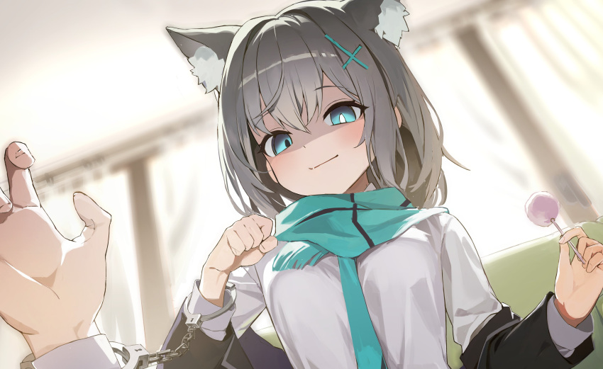 1boy, 1girl, absurdres, animal_ear_fluff, animal_ears, aqua_scarf, black_jacket, blue_archive, blue_eyes, closed_mouth, cross, cross_hair_ornament, cuffs, empty_eyes, extra_ears, grey_hair, hair_ornament, halak0000, handcuffs, highres, indoors, inverted_cross, jacket, looking_at_viewer, medium_hair, mismatched_pupils, no_halo, off_shoulder, scarf, shaded_face, shared_handcuffs, shiroko_(blue_archive), shirt, smile, solo_focus, unfinished, white_shirt, wolf_ears