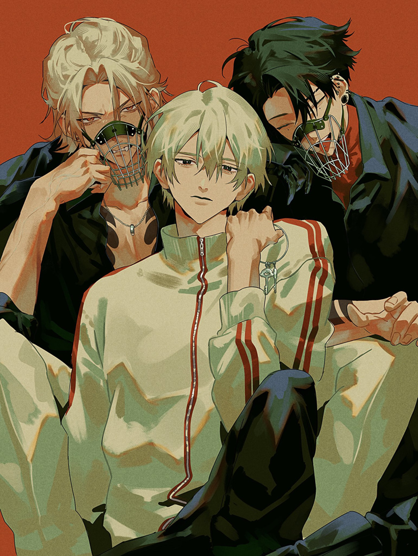 3boys, angry, arm_around_back, arm_tattoo, arm_up, barbell_piercing, black_eyes, black_gloves