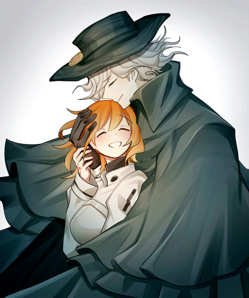 1boy, 1girl, absurdres, black_gloves, blush, cloak, closed_eyes, closed_mouth