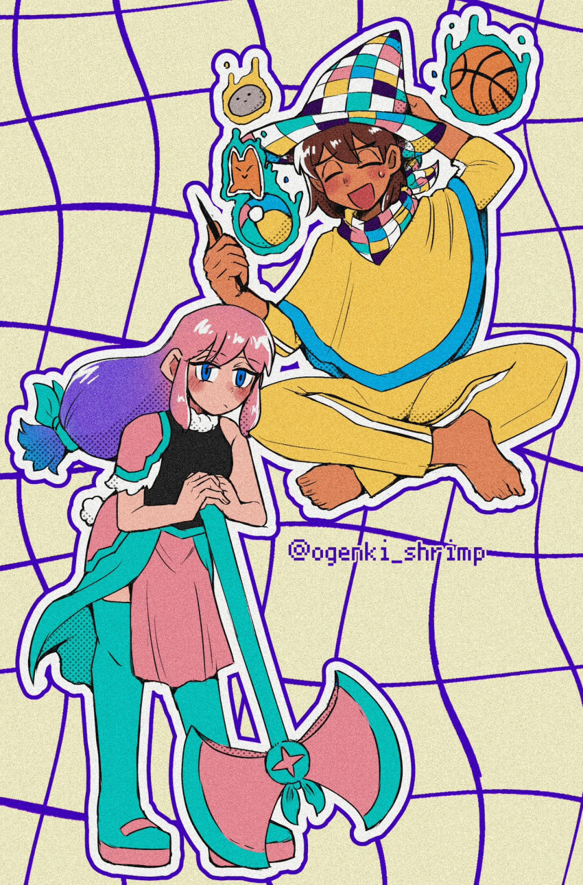 1boy, 1girl, alternate_costume, alternate_hair_color, alternate_hairstyle, artist_name, aubrey_(faraway)_(omori), aubrey_(omori), axe, ball, barefoot, basketball_(object), battle_axe, blue_eyes, blue_ribbon, blush, brown_hair, closed_mouth, dark-skinned_male, dark_skin, gradient_hair, hair_ribbon, hand_on_hilt, hat, highres, holding, holding_wand, juvenile, kel_(faraway)_(omori), kel_(omori), long_hair, long_sleeves, magic, multicolored_hair, ogenki_shrimp, omori, open_mouth, pants, pet_rock, pink_hair, purple_hair, ribbon, short_hair, smile, sweatdrop, teenage, tomboy, twitter_username, wand, weapon, wizard_hat, yellow_pants, young
