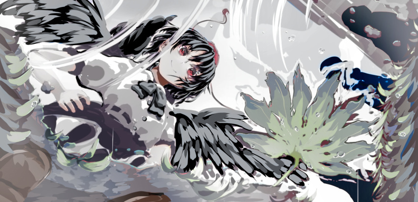 1girl, black_hair, black_wings, brown_footwear, feathered_wings, floating, hand_on_own_hip, hat