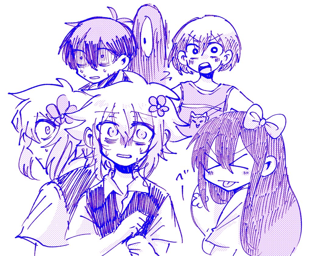 >_<, 1girl, 3boys, aubrey_(headspace)_(omori), aubrey_(omori), basil_(faraway)_(omori), basil_(omori), blue_theme, bow, closed_mouth, collared_shirt, flower, hair_bow, hair_flower, hair_ornament, holding, holding_stuffed_toy, kagami2525, kel_(faraway)_(omori), kel_(omori), long_hair, looking_at_viewer, monochrome, mr._plantegg_(omori), multiple_boys, omori, open_mouth, parted_lips, shirt, short_hair, short_sleeves, sketch, something_(omori), stuffed_eggplant, stuffed_toy, sweat, sweater_vest, tongue