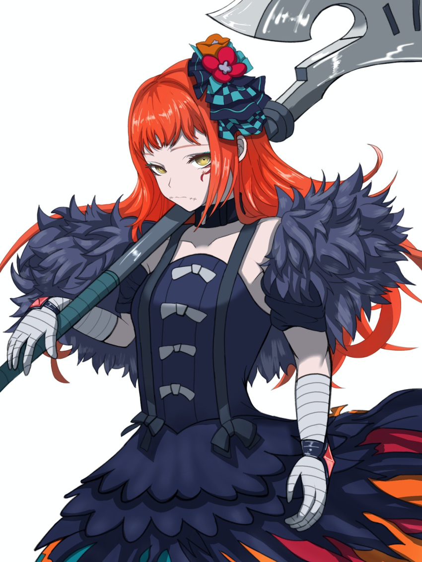 1girl, aqua_eyeshadow, axe, bandaged_arm, bandaged_hand, bandages, black_choker, black_dress
