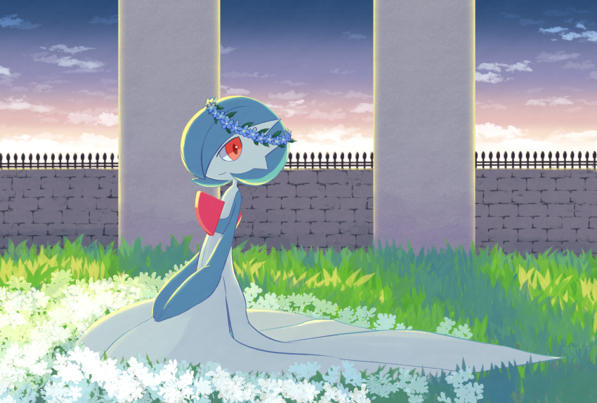 alternate_color, blue_hair, blue_skin, bob_cut, brick_wall, colored_skin, dress, flower