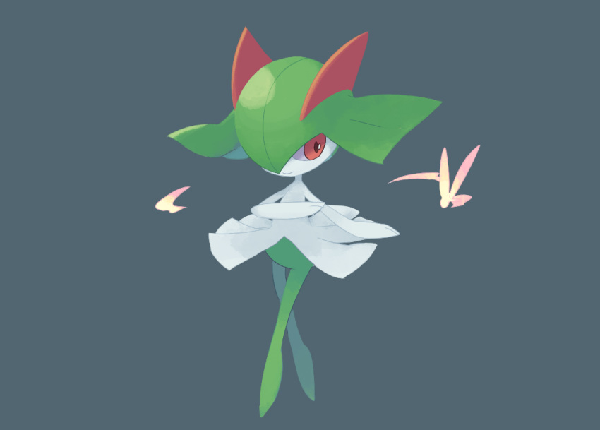 colored_skin, green_hair, green_skin, grey_background, hair_over_one_eye, horns, kirlia, multicolored_skin