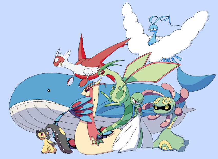 absurdres, altaria, black_eyes, blue_background, blue_skin, bob_cut, colored_skin, cradily