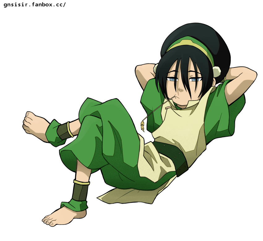 1girl, absurdres, arms_behind_head, avatar:_the_last_airbender, avatar_legends, barefoot, black_hair, blue_eyes