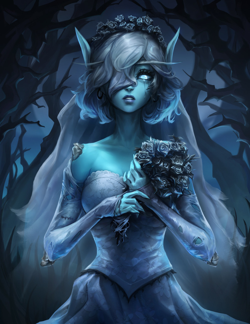 1girl, blue_skin, colored_skin, corpse_bride, dark_background, dress, emily_(corpse_bride), flower