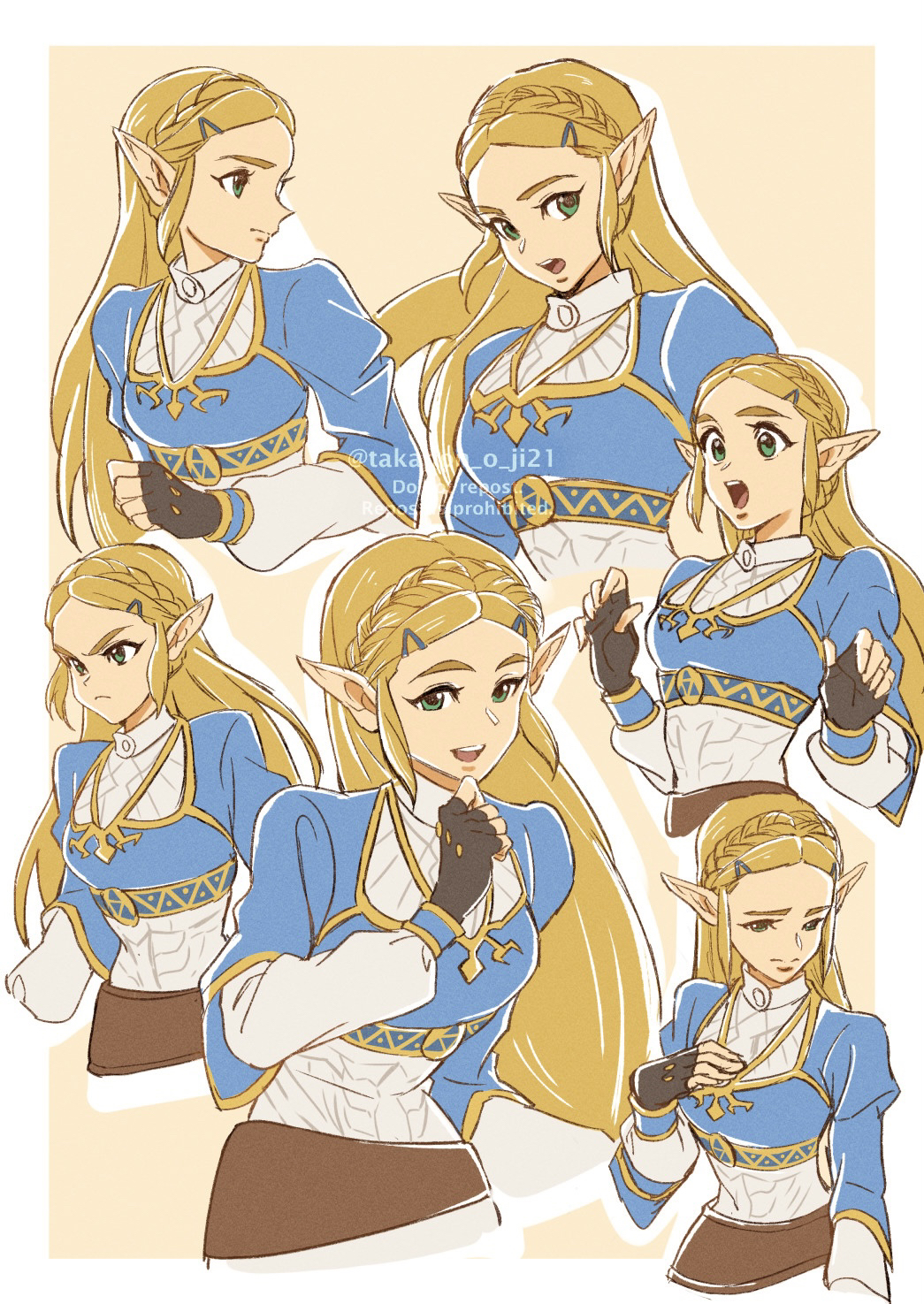 1girl, angry, black_gloves, blonde_hair, blue_tunic, braid, crown_braid, fingerless_gloves