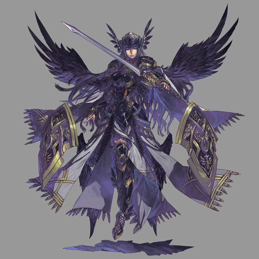 1girl, armor, bird, black_hair, breasts, crow, helm, helmet