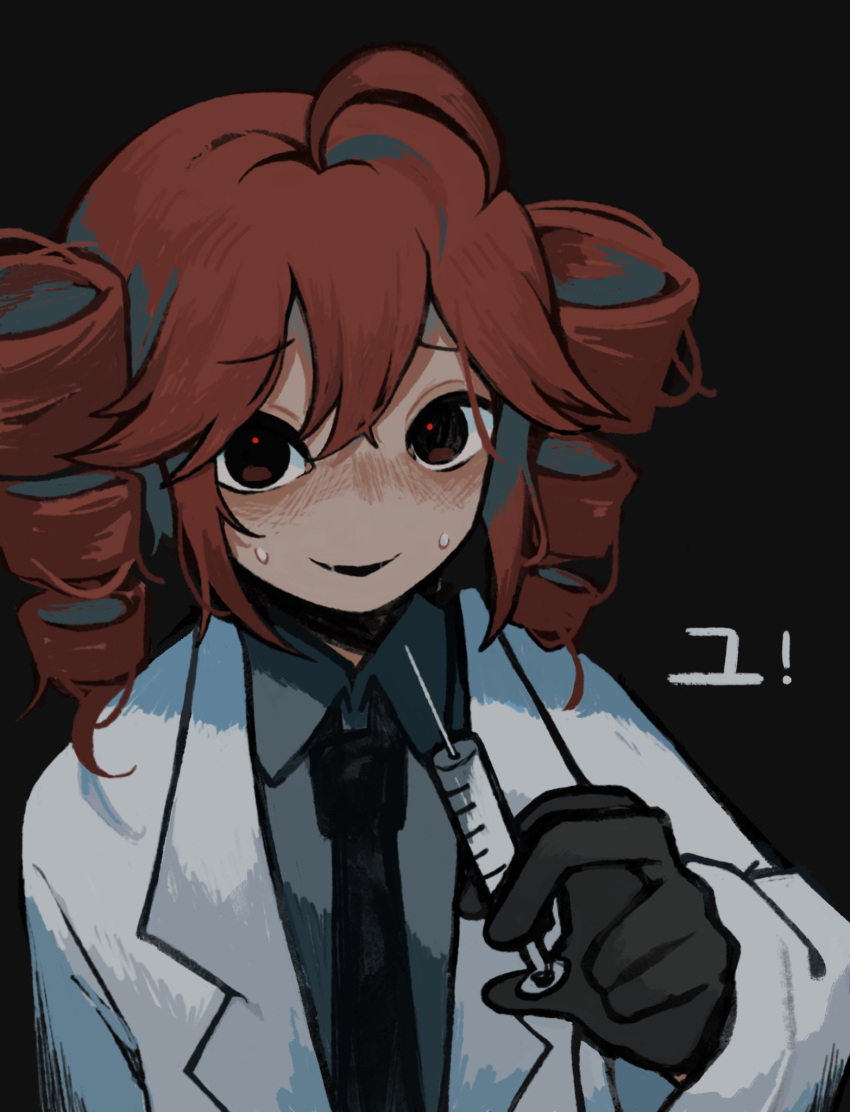 1girl, ahoge, black_background, black_gloves, black_necktie, collared_shirt, drill_hair, gloves