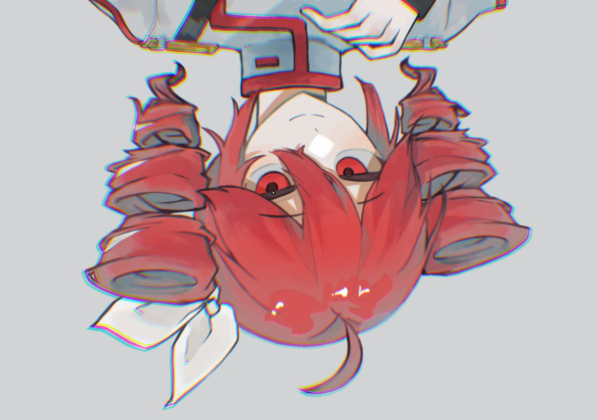 1girl, chromatic_aberration, closed_mouth, drill_hair, grey_background, grey_jacket, hair_between_eyes, hand_up