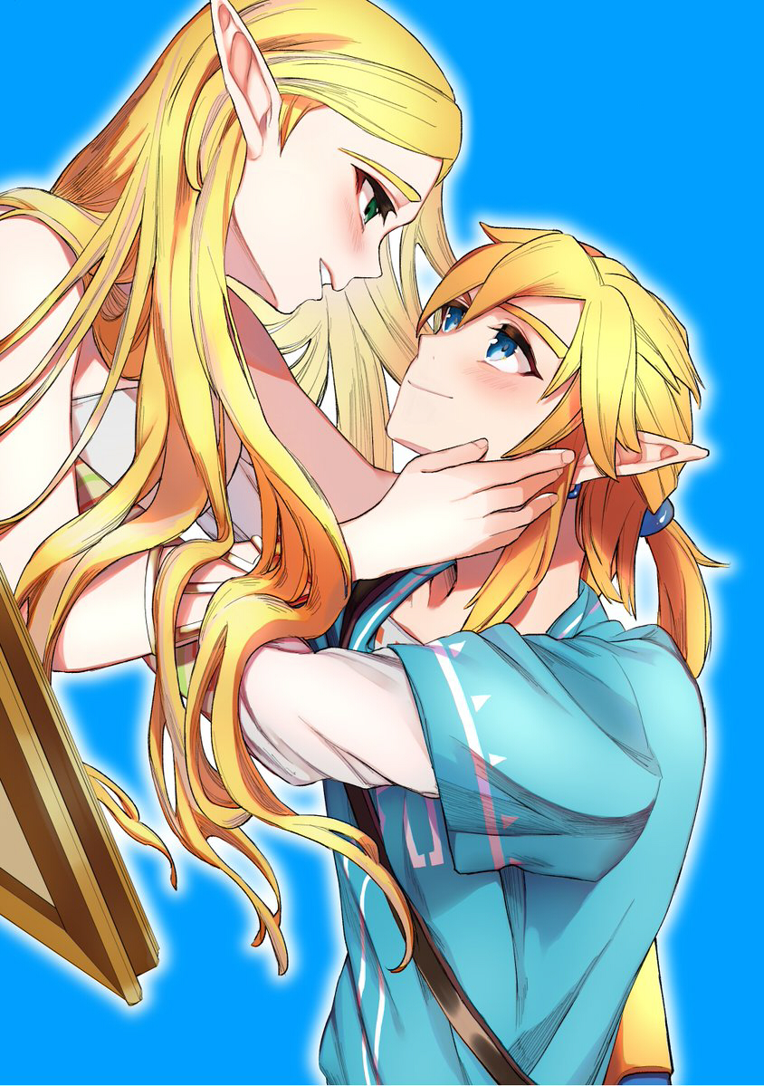 1boy, 1girl, ao_haruki, blonde_hair, blue_background, blue_eyes, blue_tunic, bracelet