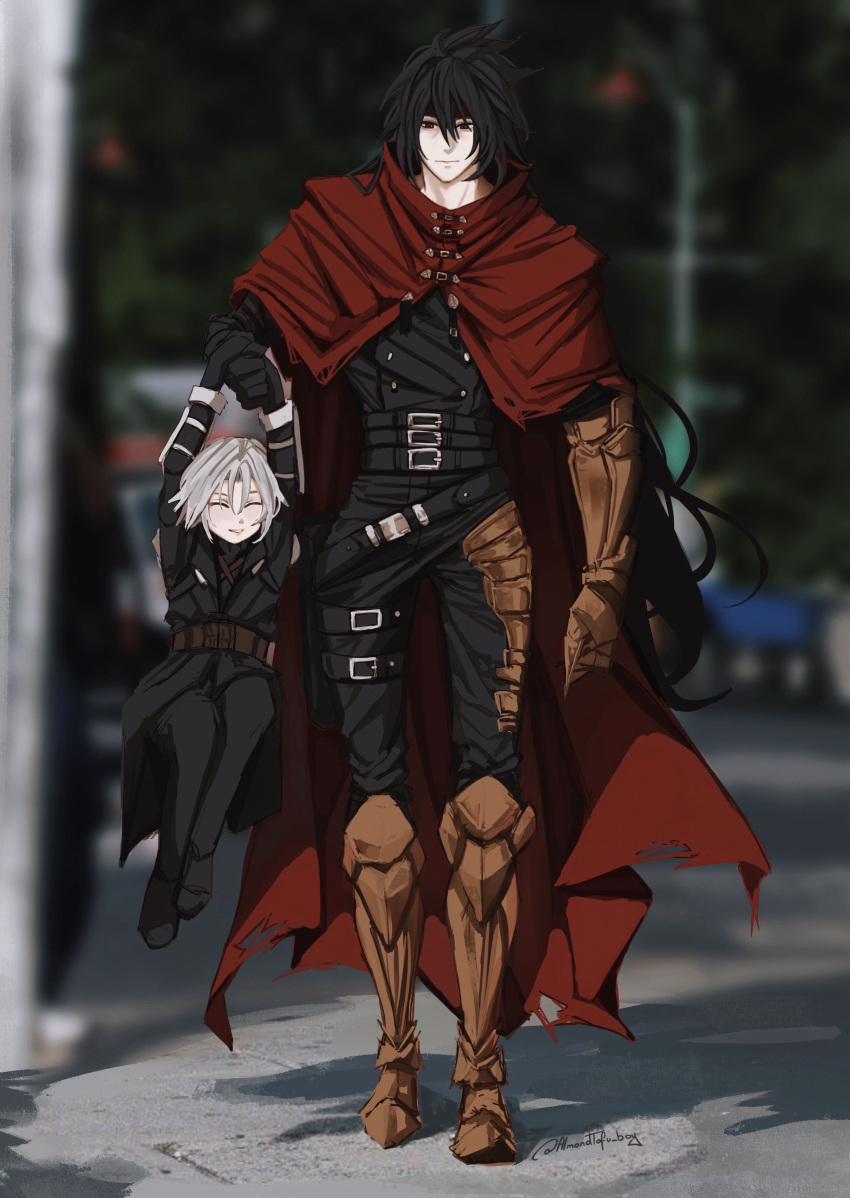 2boys, absurdres, aged_down, almondtofu_boy, alternate_universe, armored_boots, belt, belt_buckle