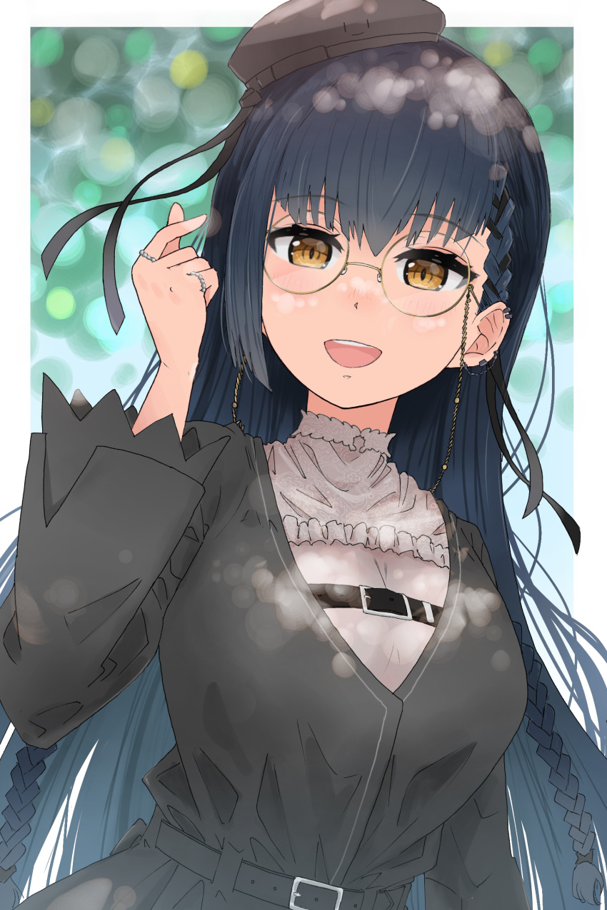 1girl, :d, absurdres, belt, belt_buckle, beret, black_hair, black_ribbon, breasts, brown_eyes, brown_hat, buckle, commentary_request, eyewear_strap, glasses, grey_belt, grey_jacket, hand_up, hat, highres, jacket, long_hair, looking_at_viewer, medium_breasts, mini_hat, nijisanji, ribbon, ribbon_braid, round_eyewear, shirt, smile, solo, teeth, tilted_headwear, upper_body, upper_teeth_only, very_long_hair, virtual_youtuber, white_shirt, yamagami_karuta, yowayowap