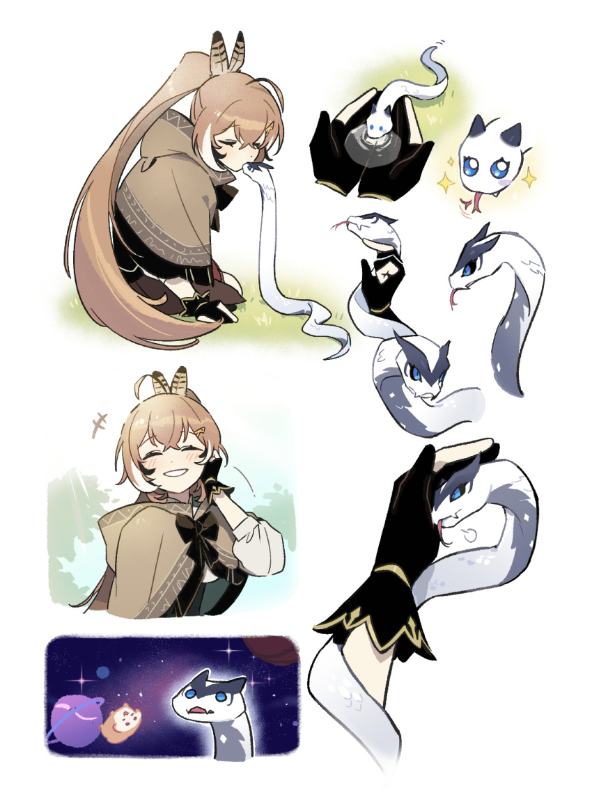 2girls, ahoge, animal, brown_capelet, brown_cloak, brown_corset, brown_hair, capelet