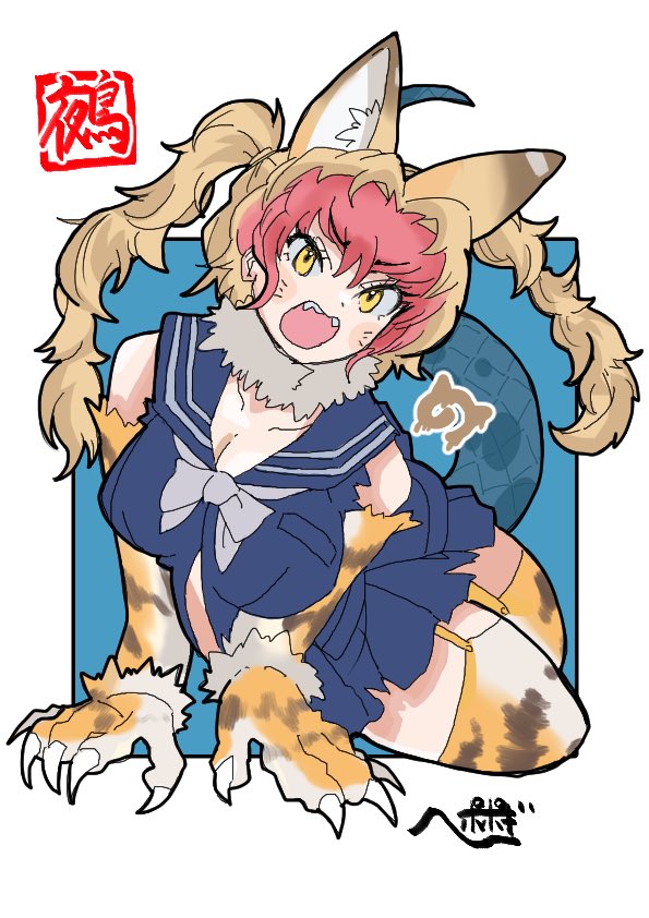 animal_ears, animal_print, blue_shirt, blue_skirt, blush, bow, bowtie, cat_ears