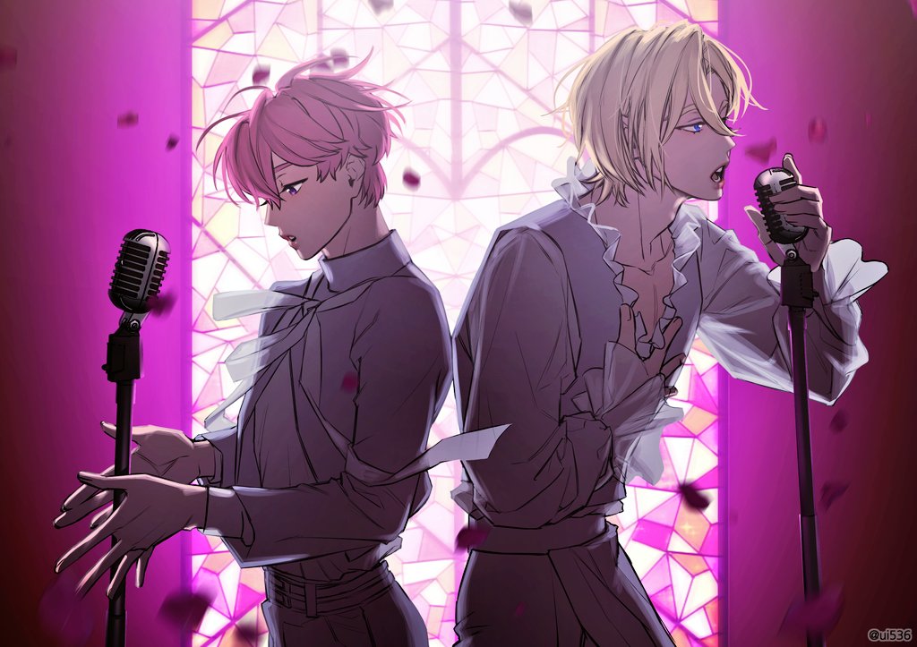 2boys, arm_up, back-to-back, bamby_(plave), belt, blonde_hair, blue_eyes, collarbone
