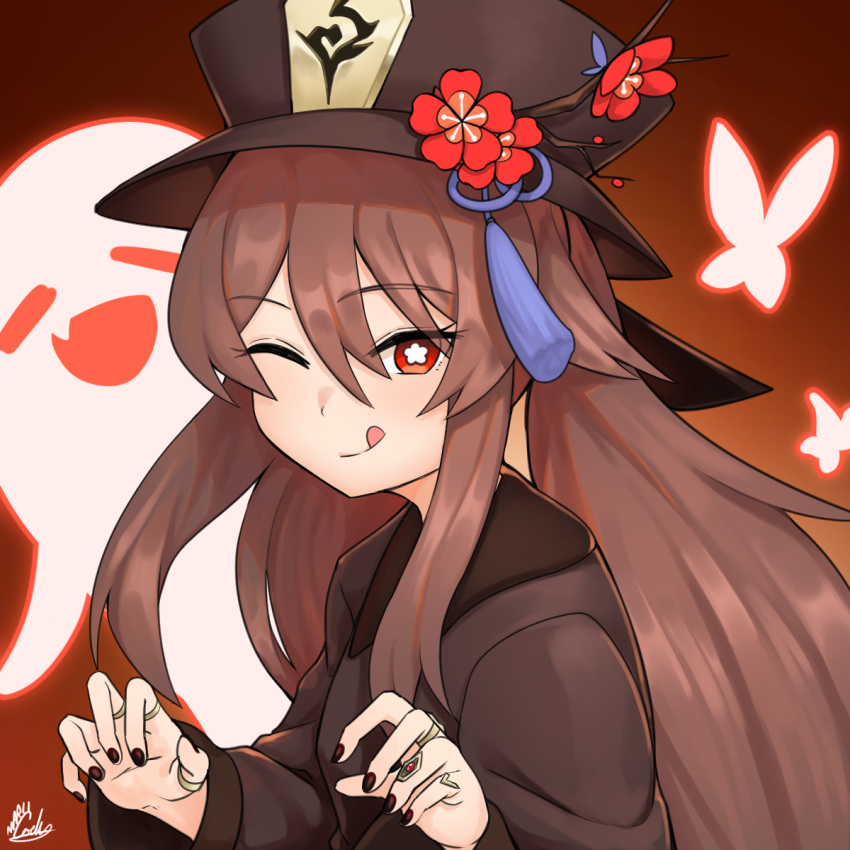 1girl, black_hat, black_shirt, boo_tao_(genshin_impact), brown_hair, bug, butterfly, flower-shaped_pupils