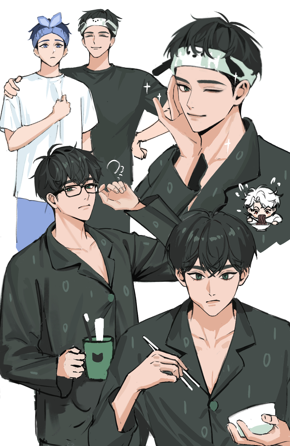 2jiao, 3boys, arm_up, black-framed_eyewear, black_shirt, blue_headband, bowl, chewing