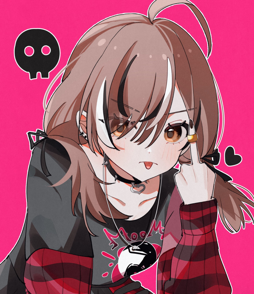 1girl, ahoge, black_shirt, black_sweater, brown_eyes, brown_hair, collar, crossed_bangs