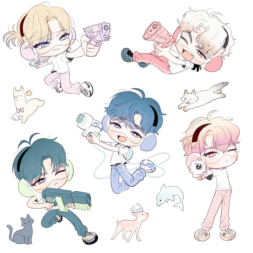 5boys, :<, :3, aiming, aiming_at_viewer, alpaca, animal, backpack