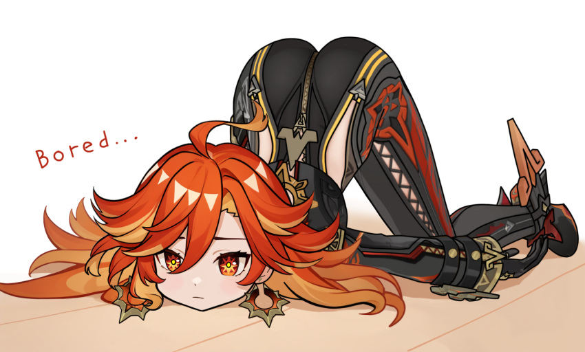 1girl, ahoge, ass, black_bodysuit, bodysuit, bored, earrings, english_text, genshin_impact, jewelry, long_hair, mavuika_(genshin_impact), on_floor, orange_hair, prickly-chan_(ycactussprout), redhead, solo, sun-shaped_pupils, top-down_bottom-up