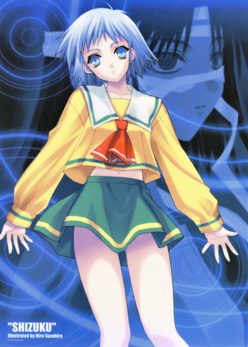 2girls, absurdres, ascot, bandaged_head, bandages, black_eyes, black_hair, blue_eyes, blue_hair, empty_eyes, expressionless, green_skirt, highres, looking_at_viewer, midriff_peek, multiple_girls, navel, oota_kanako, outstretched_arms, parted_lips, red_ascot, sailor_collar, scan, school_uniform, serafuku, shirt, shizuku_(game), short_hair, skirt, suzuhira_hiro, tsukishima_ruriko, white_sailor_collar, yellow_shirt