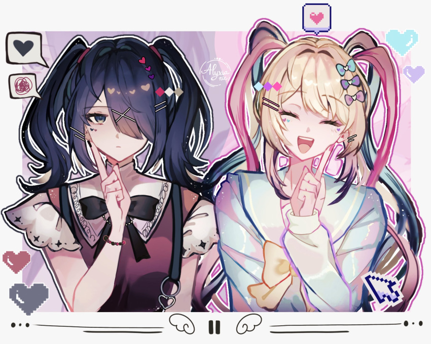 2girls, :d, ame-chan_(needy_girl_overdose), black_eyes, black_hair, black_ribbon, blonde_hair, blue_bow, blue_hair, blue_serafuku, blue_shirt, bow, bowtie, chouzetsusaikawa_tenshi-chan, closed_eyes, collared_shirt, cursor, dual_persona, hair_bow, hair_ornament, hair_over_one_eye, hairclip, heart, highres, index_finger_raised, long_hair, lyxia, multicolored_hair, multiple_girls, multiple_hair_bows, neck_ribbon, needy_girl_overdose, pink_bow, pink_hair, purple_bow, quad_tails, red_shirt, ribbon, sailor_collar, school_uniform, serafuku, shirt, smile, spoken_heart, spoken_squiggle, squiggle, twintails, very_long_hair, x_hair_ornament, yellow_bow, yellow_bowtie