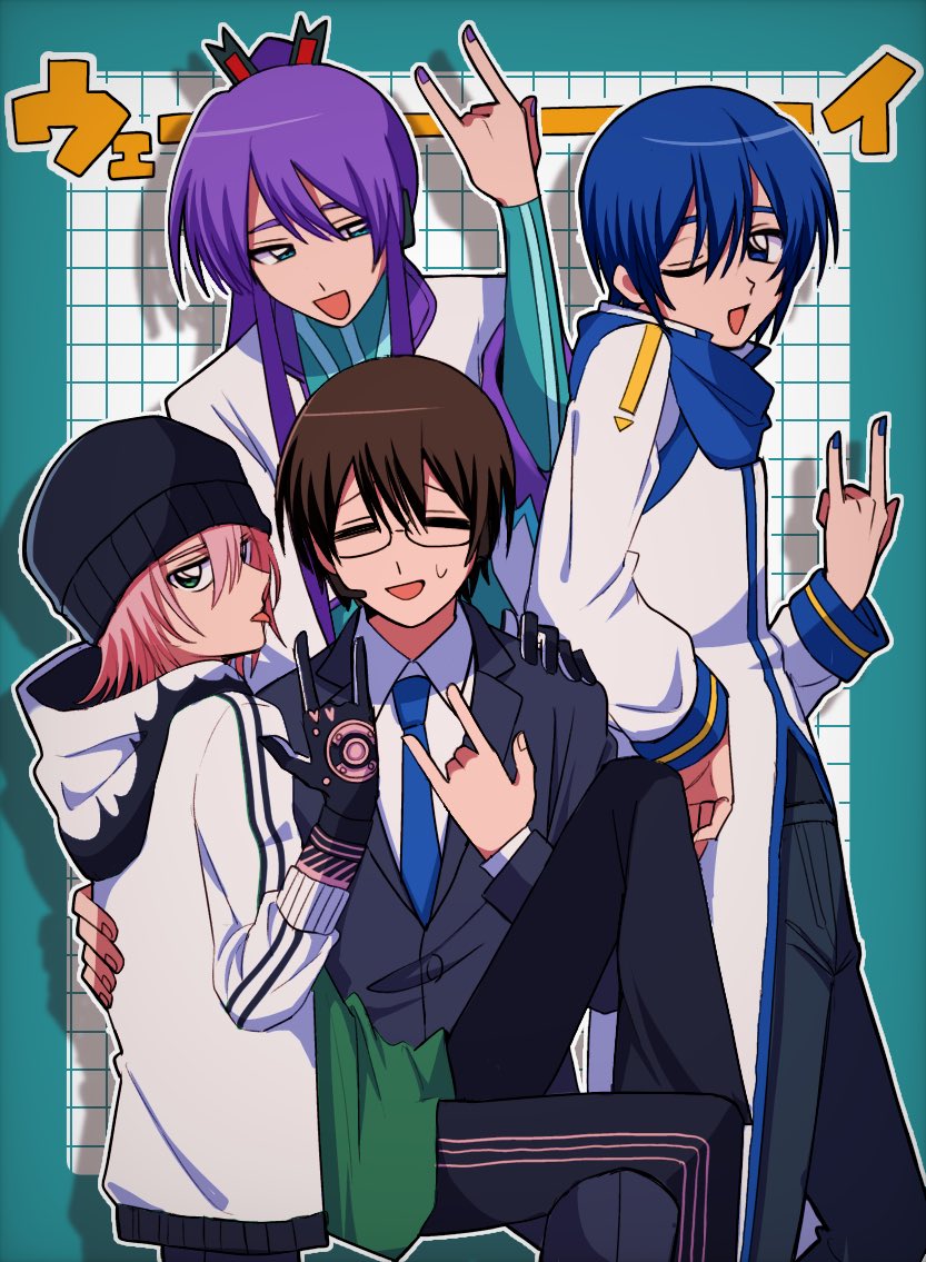 4boys, 66_(roro), :p, ;d, =_=, \m/, aqua_border, aqua_eyes