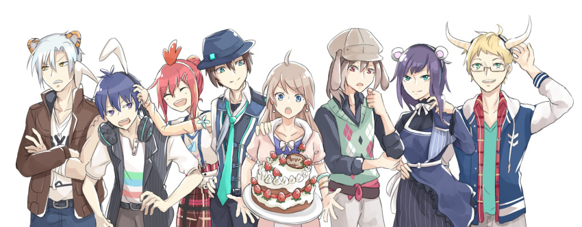 3girls, 5boys, absurdres, ahoge, animal_ears, armband, bandaged_arm, bandages