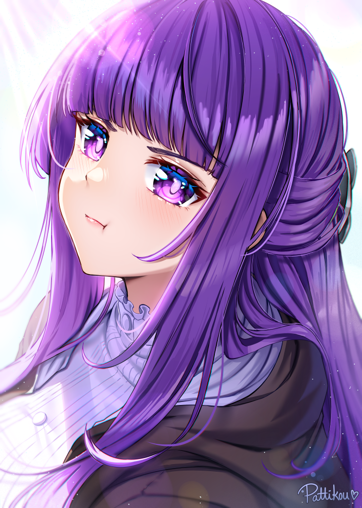 1girl, :t, artist_name, black_bow, black_hoodie, blunt_bangs, bow, bright_pupils