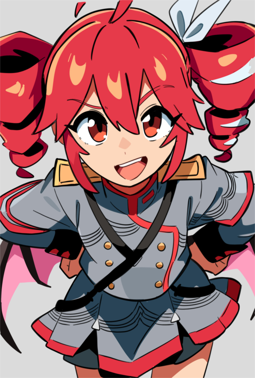 1girl, absurdres, ahoge, demon_wings, drill_hair, english_commentary, grey_background, grey_jacket, grey_skirt, hair_between_eyes, hair_ribbon, hands_on_own_hips, highres, jacket, kasane_teto, kasane_teto_(sv), leaning_forward, long_sleeves, looking_at_viewer, multicolored_hair, open_mouth, osa_(osavocaloid), red_eyes, redhead, ribbon, simple_background, skirt, solo, synthesizer_v, twin_drills, twintails, upper_body, utau, white_hair, white_ribbon, wings