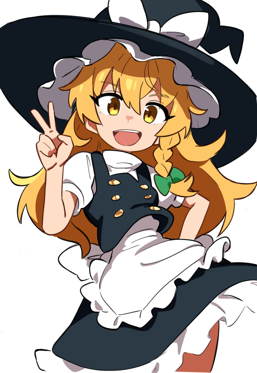 1girl, absurdres, apron, black_dress, blonde_hair, bow, braid, dress, english_commentary, green_bow, hair_bow, hat, hat_bow, highres, kirisame_marisa, long_hair, looking_at_viewer, open_mouth, orange_hair, osa_(osavocaloid), short_sleeves, side_braid, simple_background, solo, touhou, upper_body, v, white_background, white_bow, witch_hat