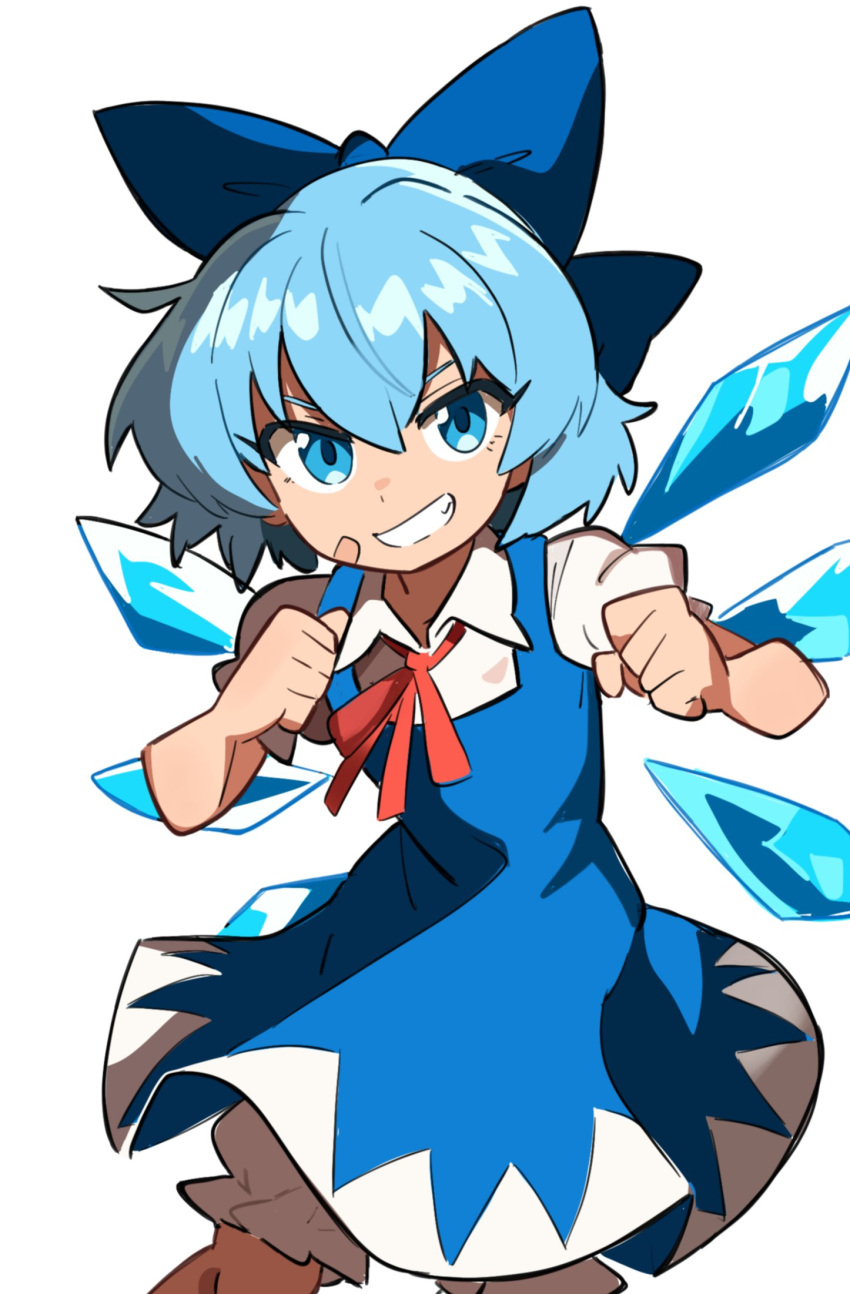 1girl, bandaid, bandaid_on_cheek, bandaid_on_face, bloomers, blue_bow, blue_dress, blue_eyes, blue_hair, bow, cirno, clenched_hands, detached_wings, dress, english_commentary, grin, hair_between_eyes, hair_bow, highres, ice, ice_wings, looking_at_viewer, osa_(osavocaloid), puffy_short_sleeves, puffy_sleeves, short_hair, short_sleeves, simple_background, smile, solo, touhou, white_background, white_bloomers, wings