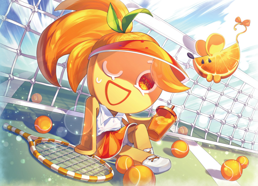 1girl, animal, ball, commentary_request, cookie_run, cookie_run:_braverse, cup, food, food-themed_creature, fruit, full_body, holding, holding_cup, leaf, mini_orange_mouse, mouse_(animal), official_art, one_eye_closed, orange_(fruit), orange_cookie, orange_hair, orange_slice, pikett_iv, ponytail, racket, sitting, tennis, tennis_ball, tennis_racket, visor_cap