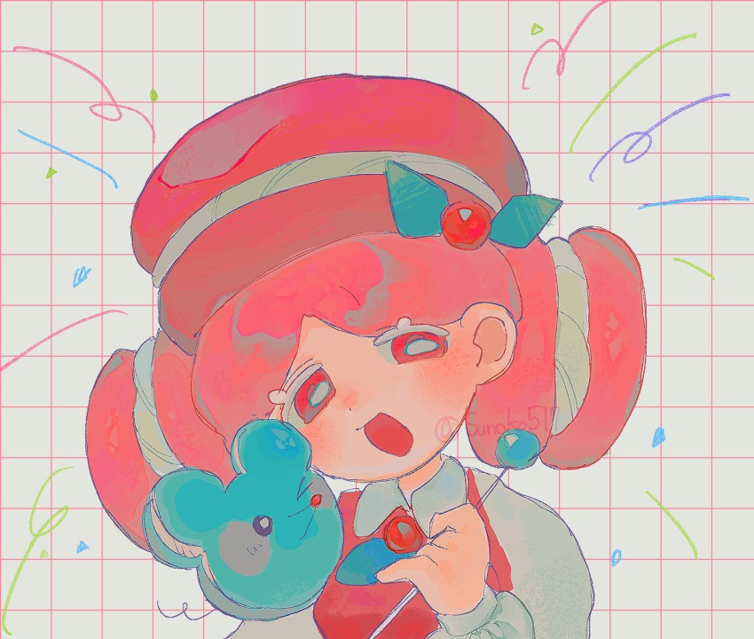 1girl, beret, berry, commentary_request, cookie_run, double_bun, food, grid_background