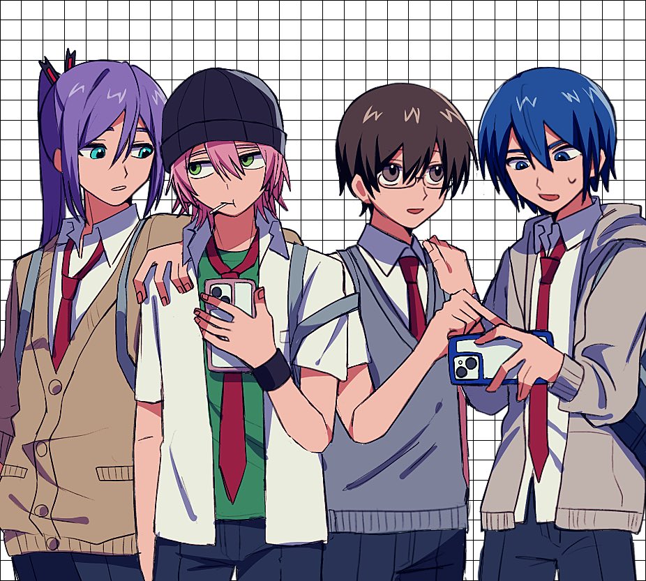4boys, 66_(roro), backpack, bag, beanie, black_hat, blue_eyes, blue_hair