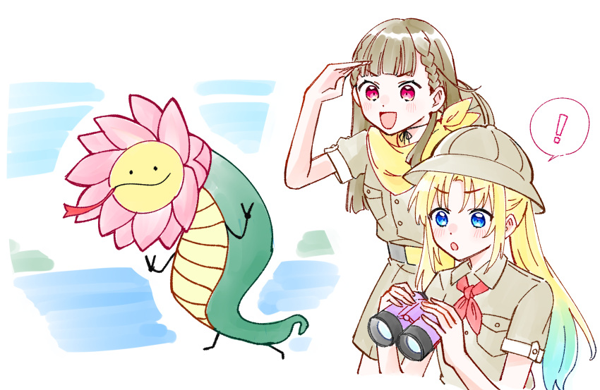 !, 2girls, :d, :o, absurdres, arm_up, bandana, binoculars