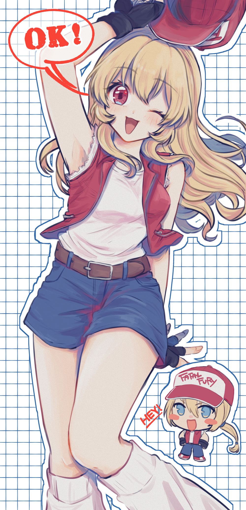 1girl, ;), aikatsu!, aikatsu!_(series), baseball_cap, belt, blonde_hair, blue_eyes, breasts, checkered_background, chibi, cosplay, denim, denim_shorts, fatal_fury, fingerless_gloves, gloves, haruto_(artist), hat, highres, hoshimiya_ichigo, large_breasts, leg_warmers, one_eye_closed, open_mouth, red_eyes, red_vest, shirt, short_shorts, shorts, smile, snk, tagalog_text, terry_bogard, terry_bogard_(cosplay), the_king_of_fighters, vest, white_leg_warmers, white_shirt