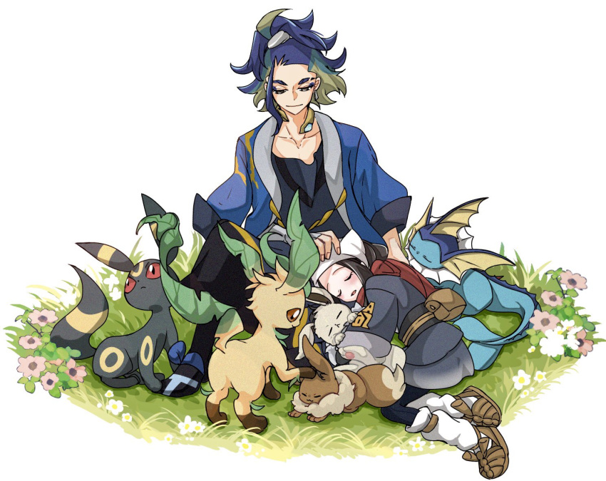 1boy, 1girl, adaman_(pokemon), akari_(pokemon), alternate_color, blue_hair, blue_jacket, brown_eyes