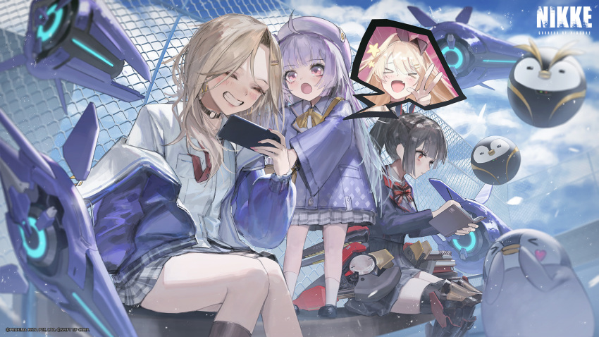 4girls, bird, blonde_hair, brown_hair, cellphone, chain-link_fence, choker, ein_(nikke)
