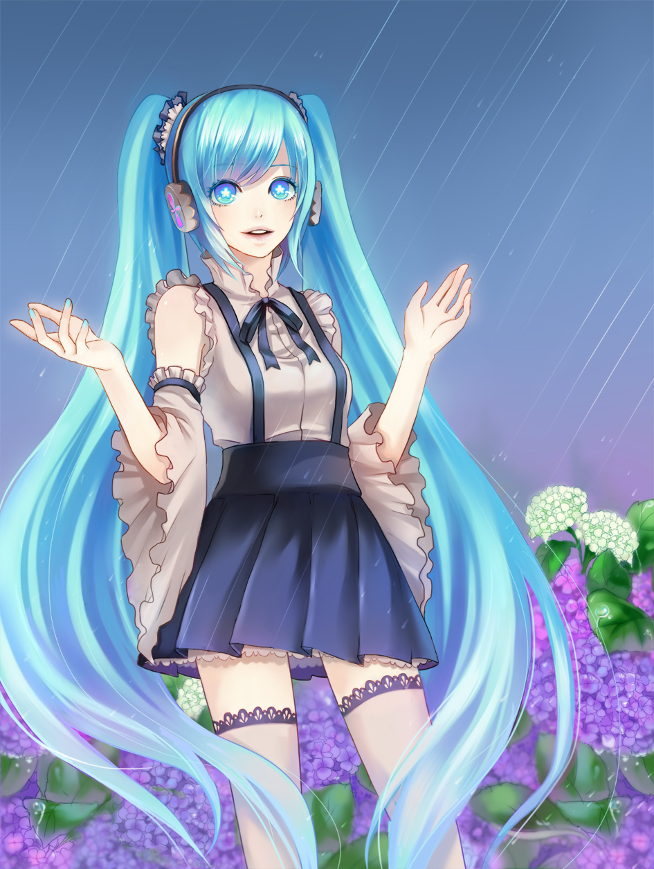 bad_id, blue_eyes, blue_hair, bowtie, detached_sleeves, flower, hatsune_miku, headphones