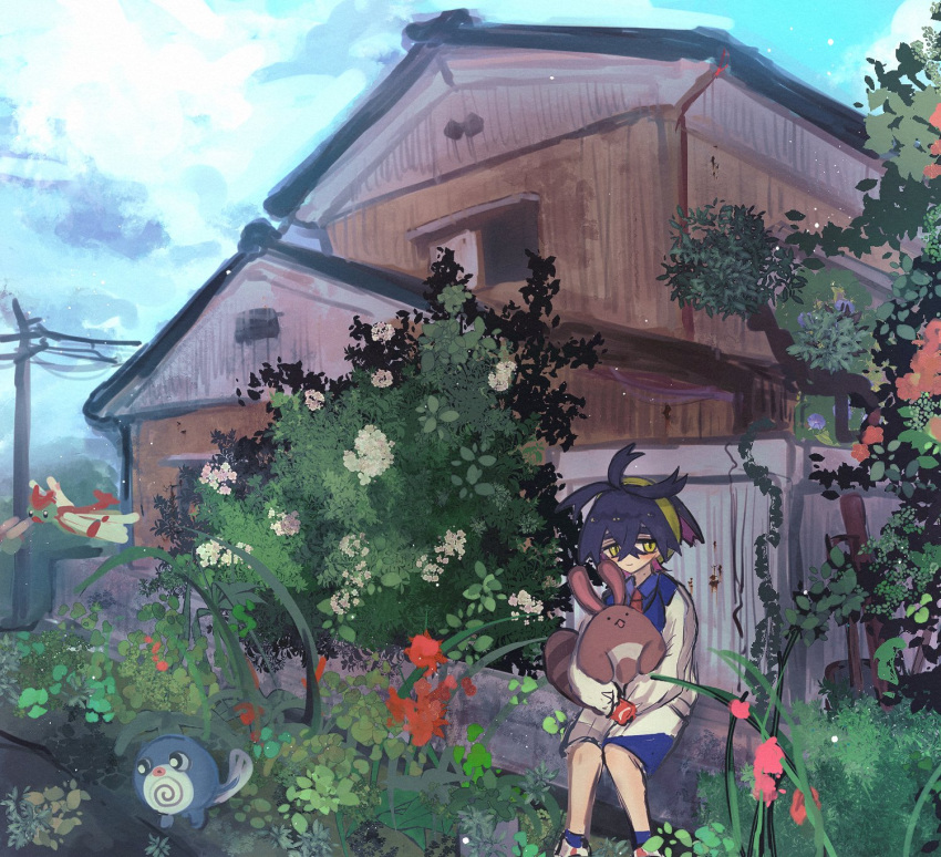 1boy, black_hair, blue_shirt, blue_sky, blue_socks, building, bush, closed_mouth