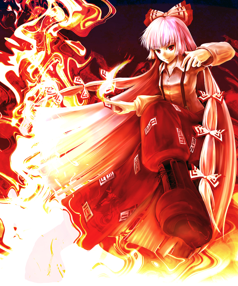 bad_id, boots, bow, cross-laced_footwear, fire, fujiwara_no_mokou, hair_bow, hair_ribbon, lace-up_boots, long_hair, nishi_masakazu, nishimasa_hito, pants, red_eyes, ribbon, silver_hair, solo, suspenders, touhou