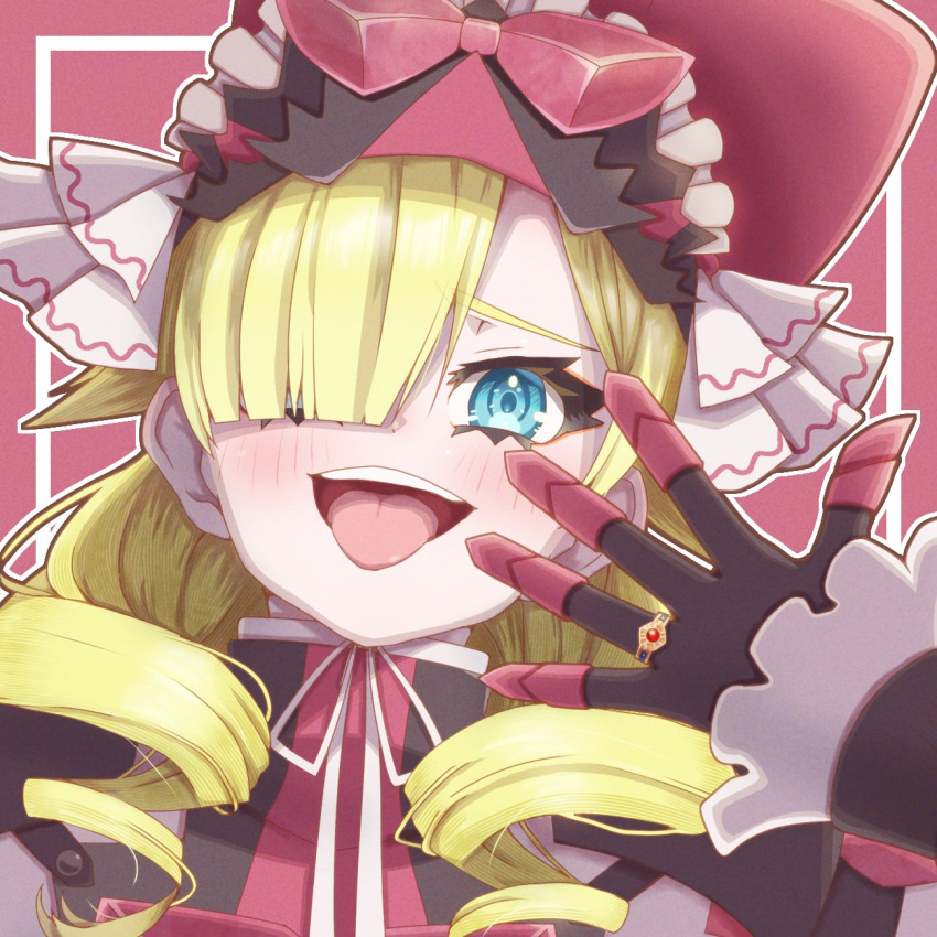 1girl, :p, blonde_hair, blue_eyes, bow, drill_hair, eyelashes, fire_emblem, fire_emblem_engage, hair_bow, hair_over_one_eye, headdress, heppokop_61, highres, jewelry, looking_at_viewer, marni_(fire_emblem), medium_hair, open_mouth, pink_bow, ring, solo, teeth, tongue, tongue_out, twin_drills, upper_body, upper_teeth_only, white_headdress
