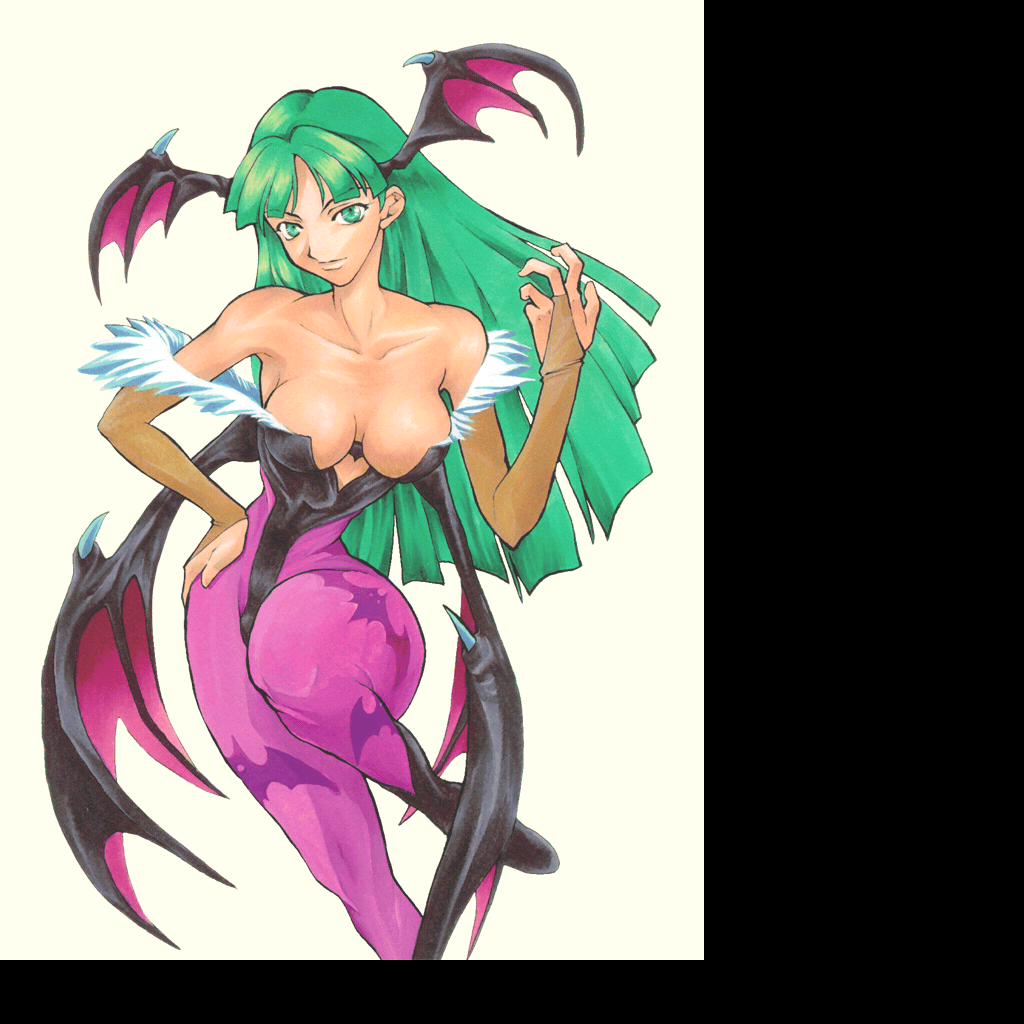 boots, breasts, capcom, darkstalkers, full_body, game_console, green_eyes, green_hair, gunbird, gunbird_2, head_wings, leotard, long_hair, morrigan_aensland, non-web_source, psikyo, sega_dreamcast, solo, wings