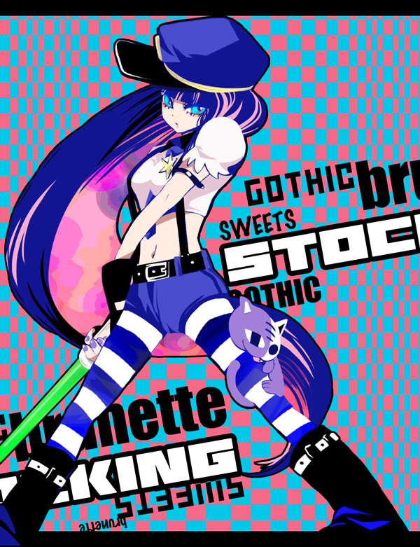 1girl, blue_eyes, fukusha, hat, long_hair, midriff, multicolored_hair, panty_&amp;_stocking_with_garterbelt